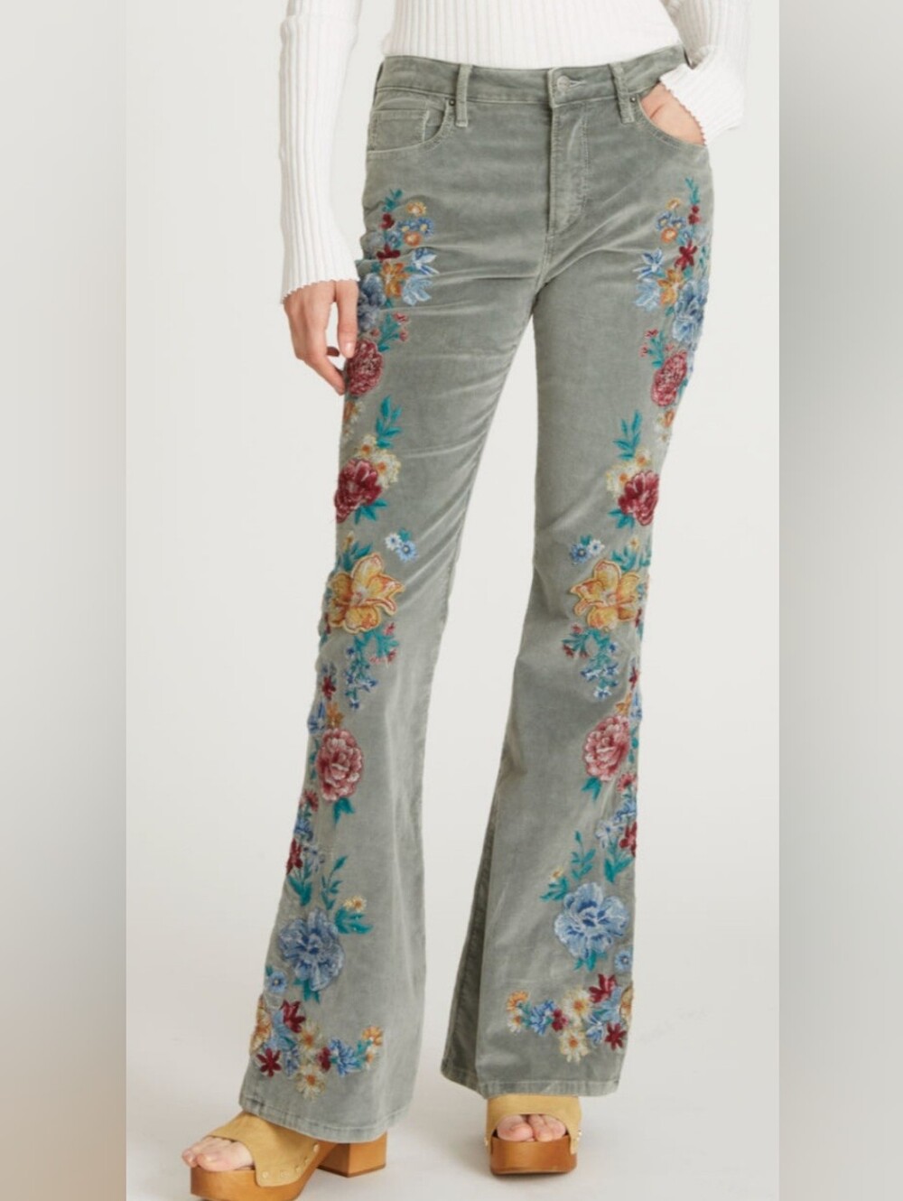 FPxDriftwood Embroidered Corduroy Flare Pants in Sage Green Long!